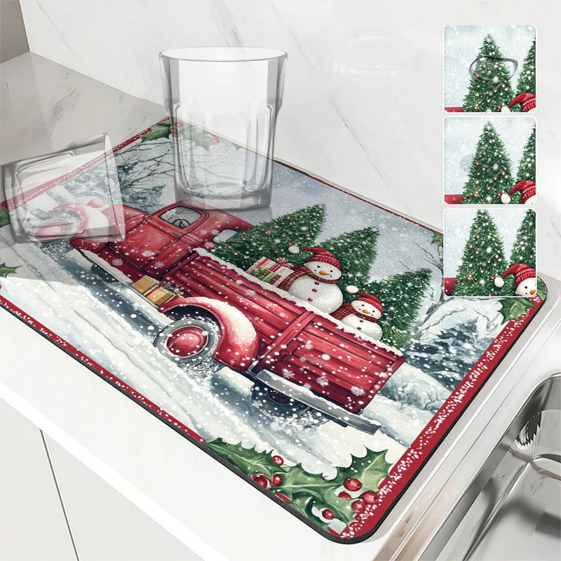 Axyaa Christmas Snow Kitchen Mat: Absorbent, Antiskid, Quick Dry, Draining, Tableware Mat