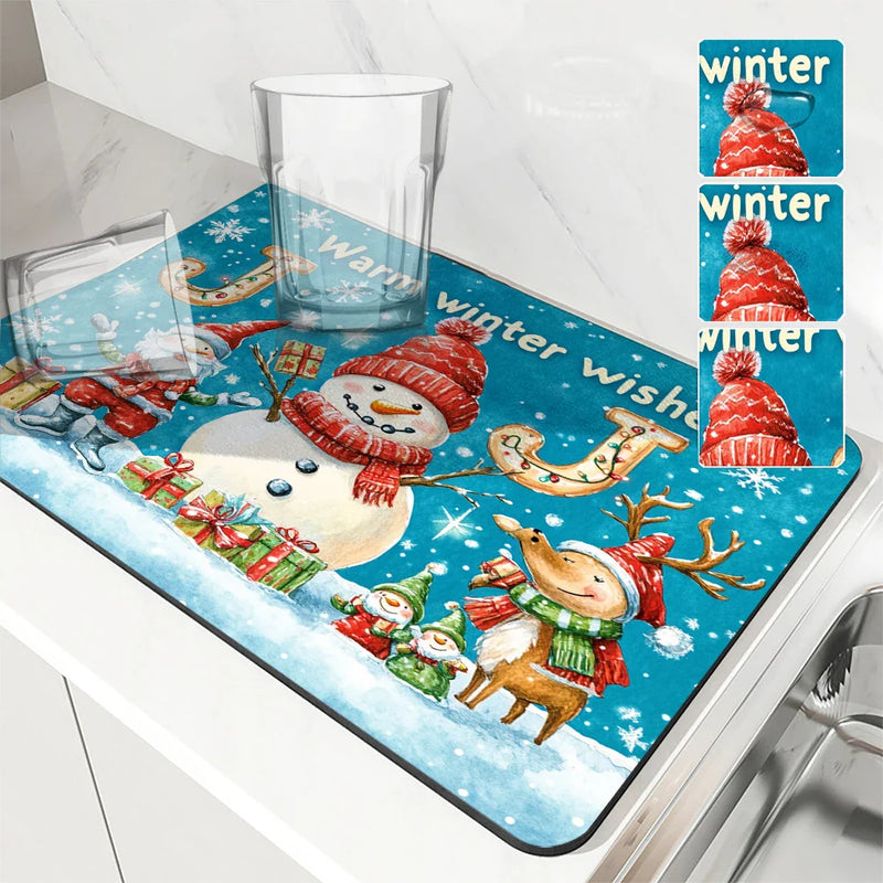 Axyaa Christmas Snowman Dwarf Deer Drying Mat - Festive Kitchen Table Decor