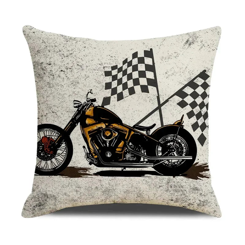 Retro Motorcycle Girls Linen Pillow Cover by Axyaa