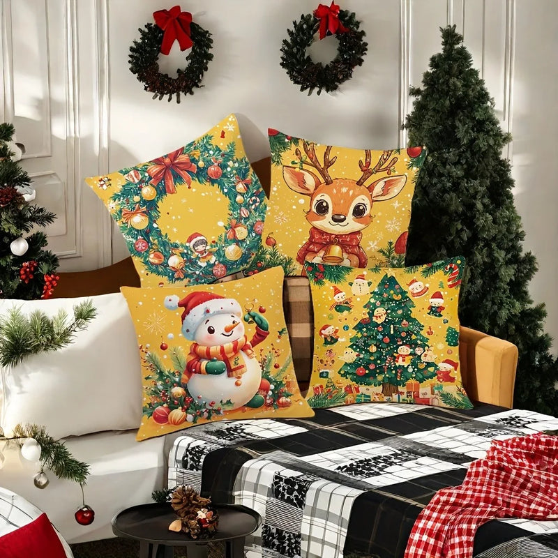 Axyaa Christmas Pillowcase Set: Snowman, Fawn, Garland, Christmas Tree Print