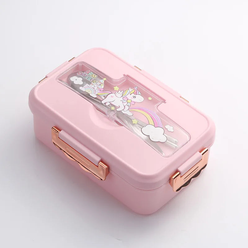 Axyaa Cartoon Pattern Bento Box with Cutlery, 3 Grid, Microwave-Safe Office Lunch Box