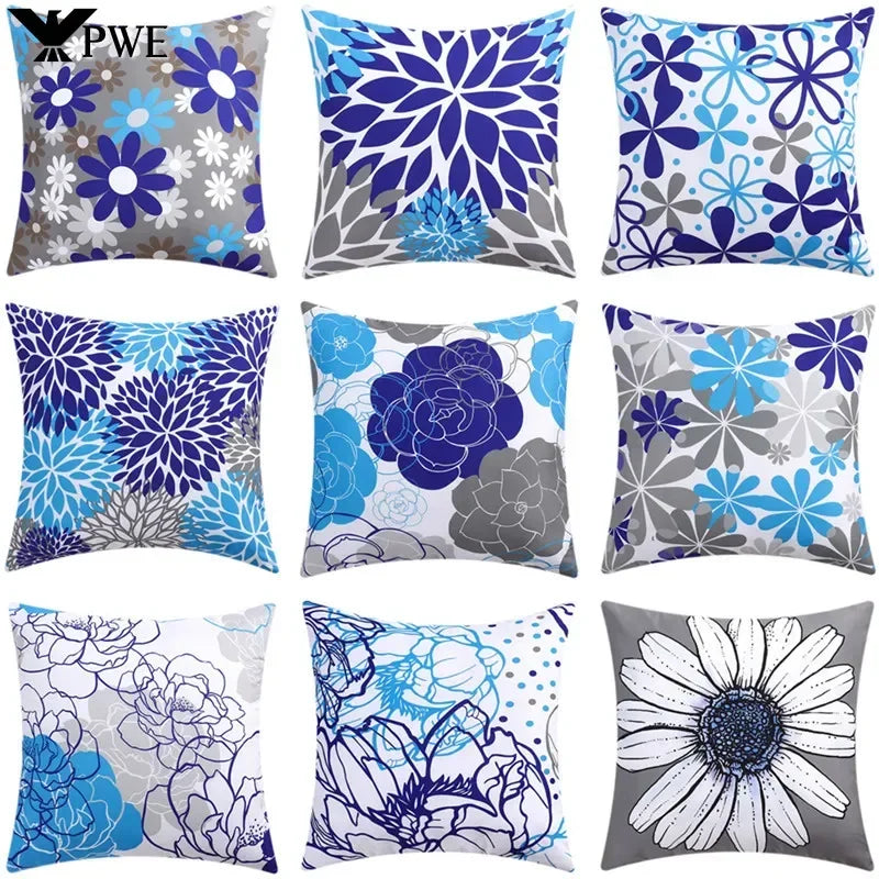 Axyaa Blue Floral Print Cushion Cover 45x45cm - Modern Sofa Car Decorative Pillow Cover