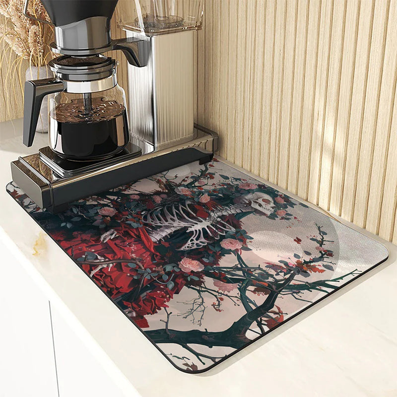 Axyaa Kitchen Drying Mat: Absorbent Plant Moon Coffee Mat, Anti-Slip Table Placemat