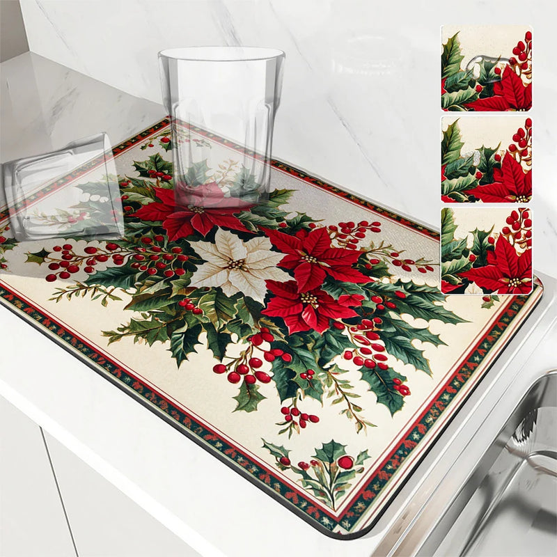 Axyaa Christmas Holly Coffee Cup Drying Mat
