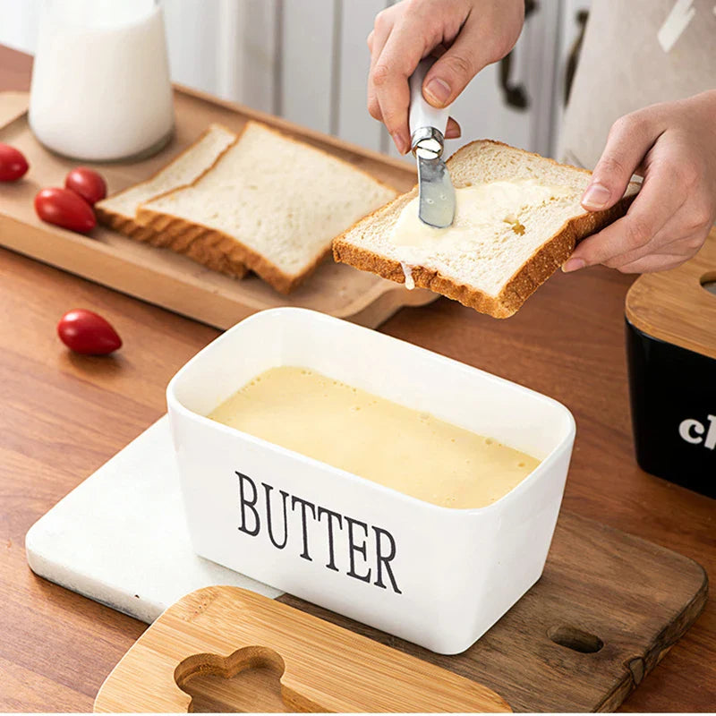 Axyaa Ceramic Butter Box with Knife - Rectangular Sealed Cheese Container
