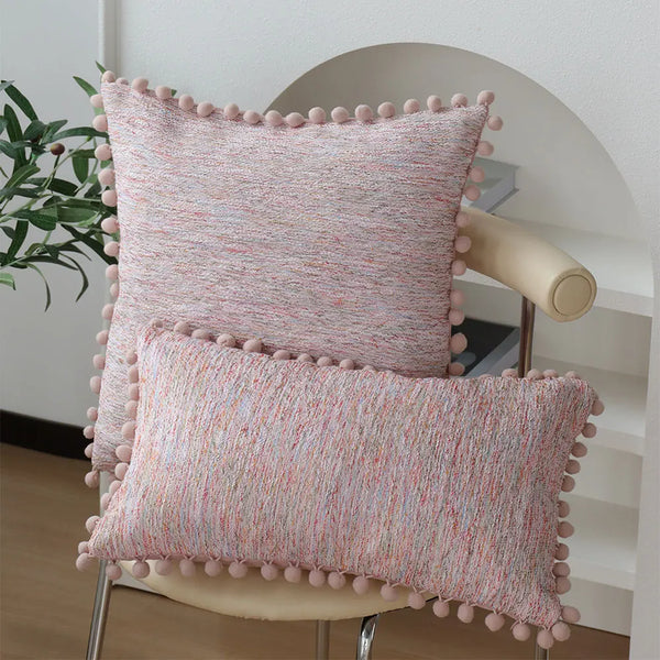 Axyaa Pink Woven Cushion Cover with Ball Edge for Home Decor