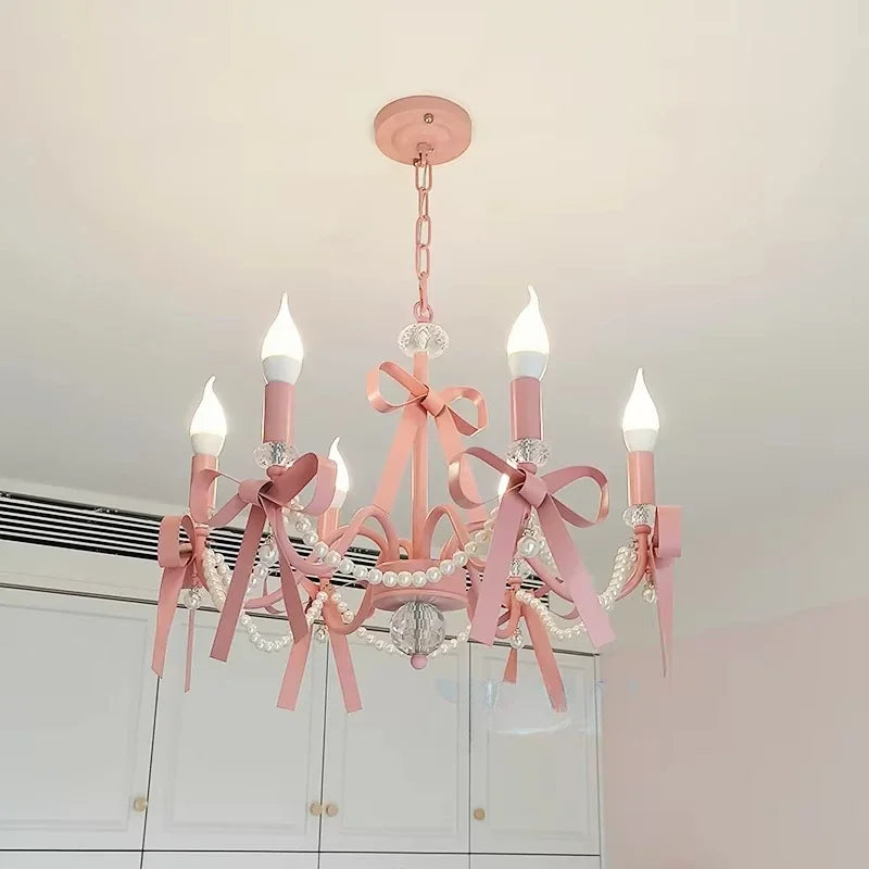 Axyaa Pink Chandelier Bow Pendant Lights for Romantic Home Decor