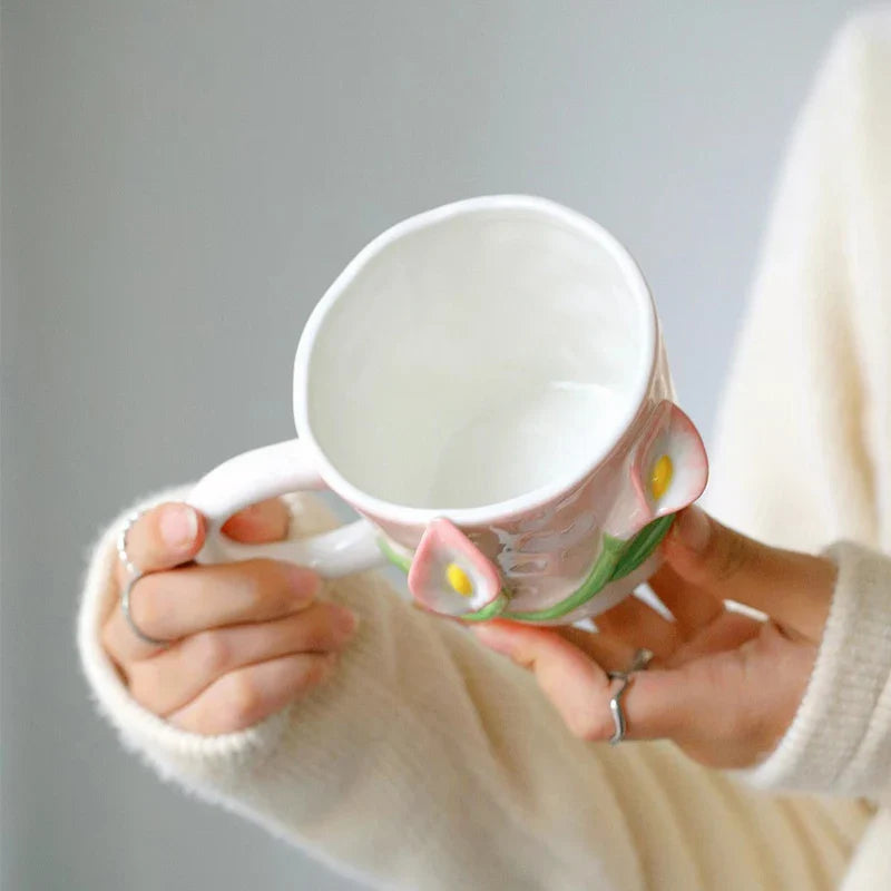 Axya 3D Flower Ceramic Mug, French Breakfast Cup, Girl Gift, Drinking Set