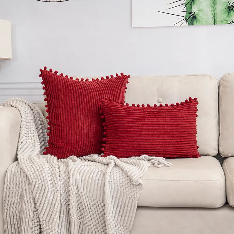 Lumbar Corduroy Boho Cushion Cover with Pom Pom Detail by Axyaa