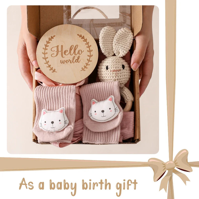 Axya Newborn Essentials Gift Set: Towel, Blanket, Pacifier Chain, Bracelet, Rattle & Gift Box
