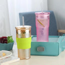 Axyaa Glass Cup with Lid & Straw, Transparent Stripe Mug for Milk Coffee Juice Tea