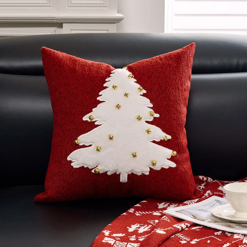 Axyaa Christmas Tree Bell Cushion Cover - Green Red Snowflakes, Pompom Balls Embroidery