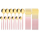 Axyaa Pink Gold Stainless Steel Cutlery Set - 24Pcs Mirror Dinnerware Flatware