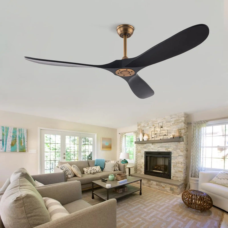 Axyaa 52/60/70in Retro Wooden Ceiling Fan, Remote Control, Black, Smart Inverter, No LED