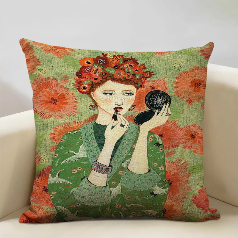 Axyaa Beauty Girl Cat Print Linen Pillowcase Portrait Cartoon Home Decor Cover