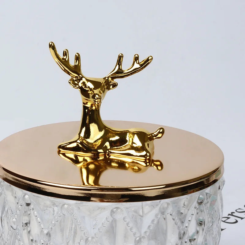 Axya Deer Glass Storage Jar: Gold, Crystal Clear, Desktop Organizer