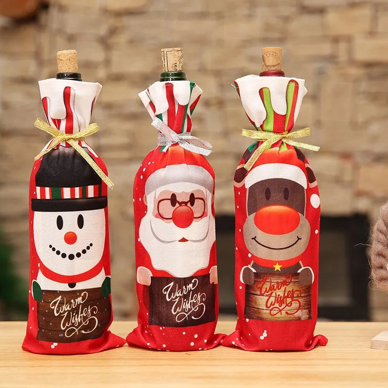 Axyaa Christmas Wine Bottle Covers Santa Claus Snowman Elk Xmas Table Festival Decoration