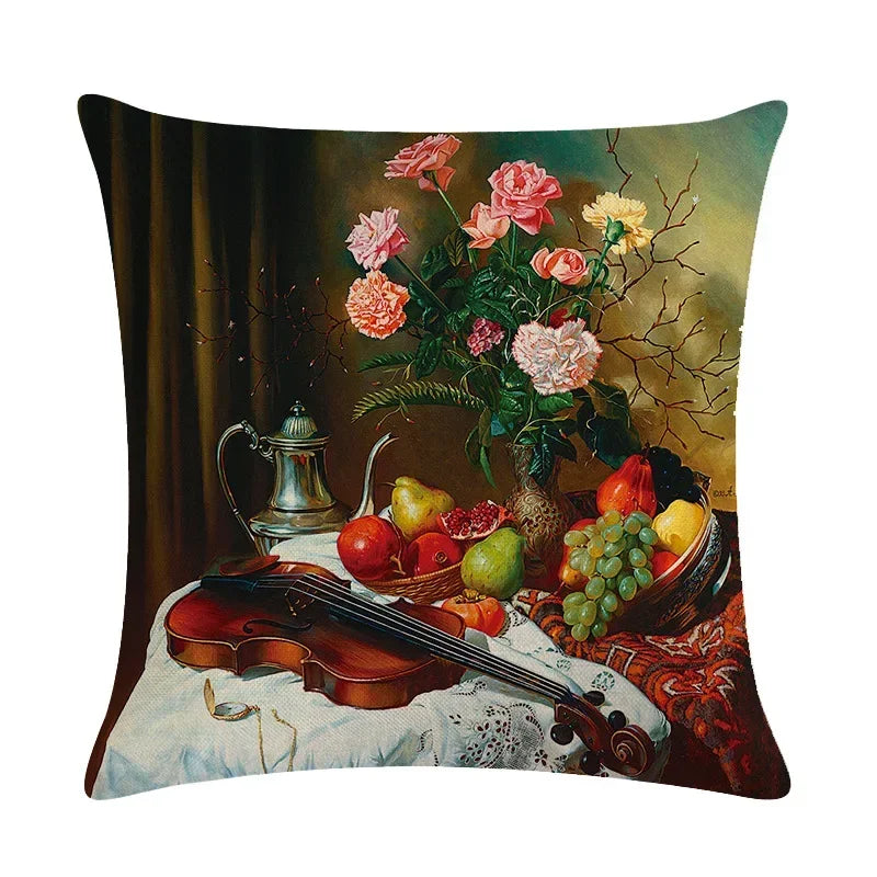 Axyaa Retro Oil Painting Linen Cushion Cover for Home Decor