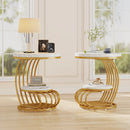 Axyaa Gold Marble End Table: Modern 2-Tier Side Nightstand, White & Gold Storage Shelf