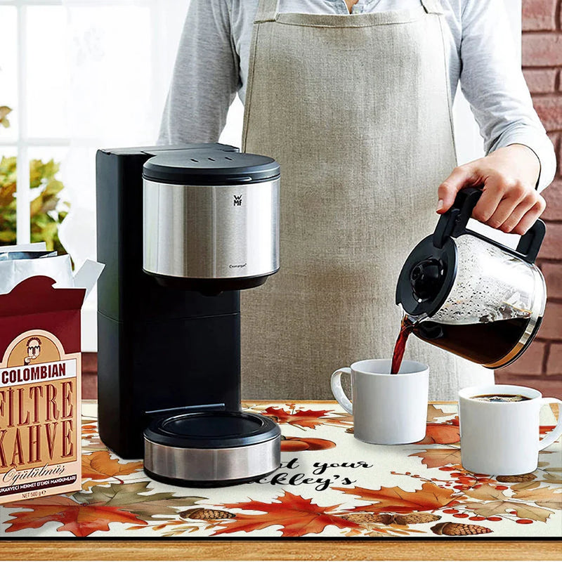Axyaa Autumn Pumpkin Pine Kitchen Mat • Absorbent & Antiskid • Quick Drain & Tableware Mat