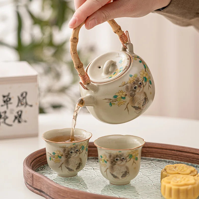 Axya Cat Doodle Teapot Kettle Set, Vintage Chinese Porcelain Tea Pot