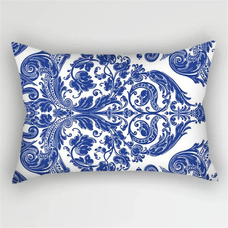 Bohemian Blue Flower Pillowcase with Vintage Ink Plant Leaf Design, by Axyaa