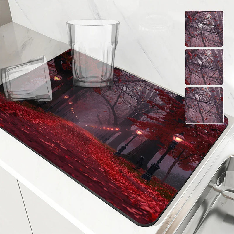 Axyaa Autumn Park Kitchen Drain Pad, Heat Resistant Dish Drying Mat