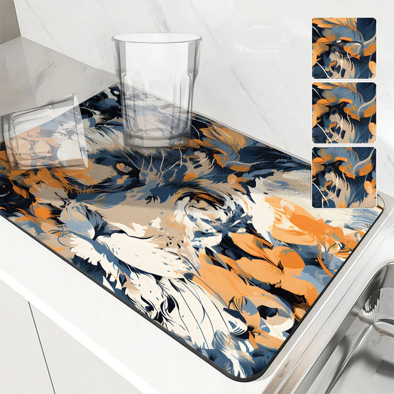 Axyaa Tiger Plant Flowers Drying Mat: Non-Slip Absorbent Tableware Mat