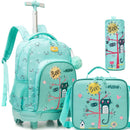 Axyaa Girls 3-Piece Rolling Backpack Set with Wheeled Luggage, Lunch Bag, Pencil Case