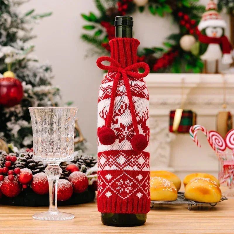 Knitted Snowflake Elk Christmas Wine Bottle Cover by Axyaa