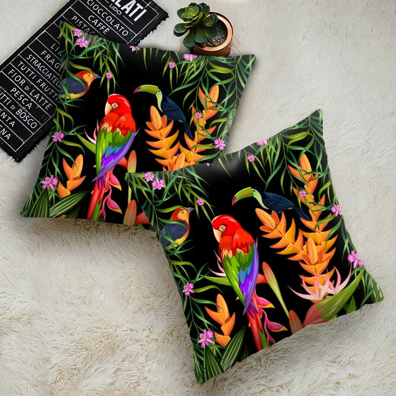 Axyaa Tropical Plant Parrot Decorative Pillow Cover - Flowers Sofa Cushion Case