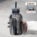Axyaa 750ml Glass Water Bottle with Time Marker, Lid, and Straw