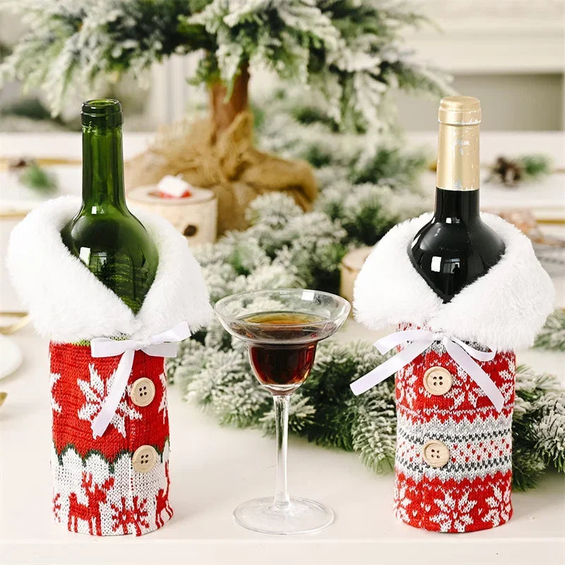 Knitted Red Sweater Christmas Bottle Bag Snowflake Xmas New Year Gift Ornaments