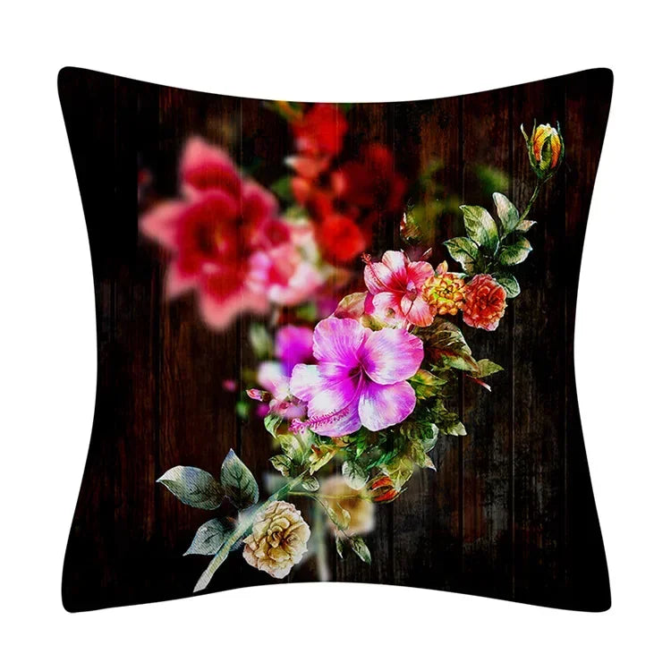 Retro Floral Linen Pillow Cover Abstract Art Decor for Living Room Sofa by Axyaa