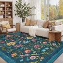 Retro Floral Print Bohemian Rug by Axyaa - Machine Washable & Non-slip Area Mat