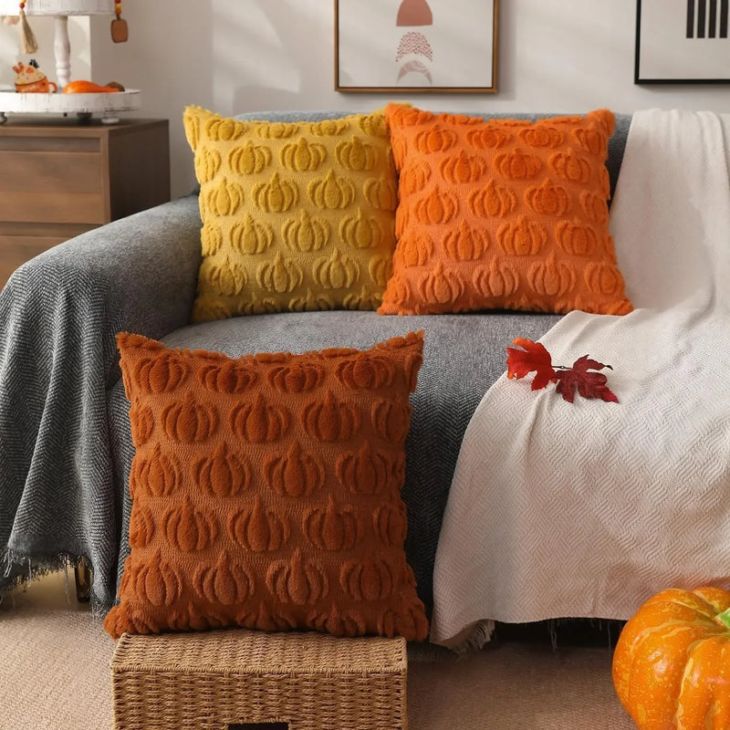 Axyaa Rust Pumpkin Plush Throw Pillow Covers for Fall Decor 18x18
