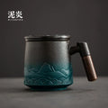 Ceramic Strainer Tea Cup with Lid and Wood Handle - Axyaa Vintage Japanese Mug