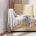 Axyaa Bohemian Knit Blanket with Fringe – Solid Color Acrylic Office Nap Bed Cover
