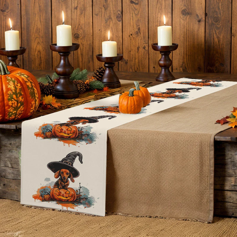 Axyaa Halloween Dog Pumpkin Head Table Runner for Farmhouse Dining