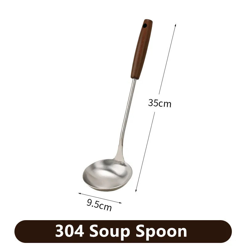 Axyaa Stainless Steel Wok Spatula Ladle Set with Wooden Handle