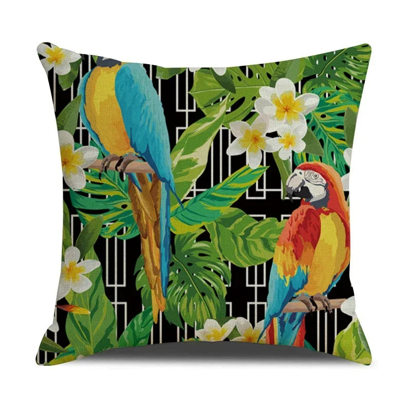 Tropical Birds Linen Pillowcase Set for Decorative Throw Cushions by Axyaa