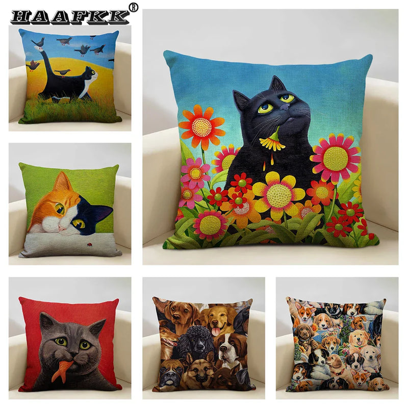 Axyaa Cat and Dog Pattern Cushion Cover 45x45cm Linen Square Pillowcase