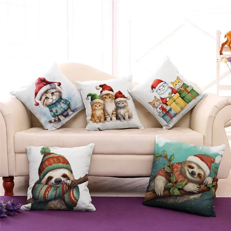 Christmas Cartoon Animal Printed Pillowcase by Axyaa: Decorative Throw Cover for Sofa, Living Room, Cushion