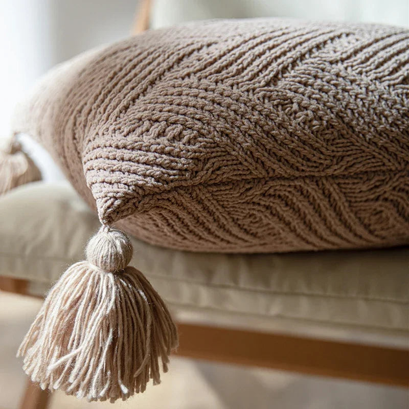 Axyaa Twill Knit Cushion Cover 45x45cm - Solid Pillow Case with Tassels