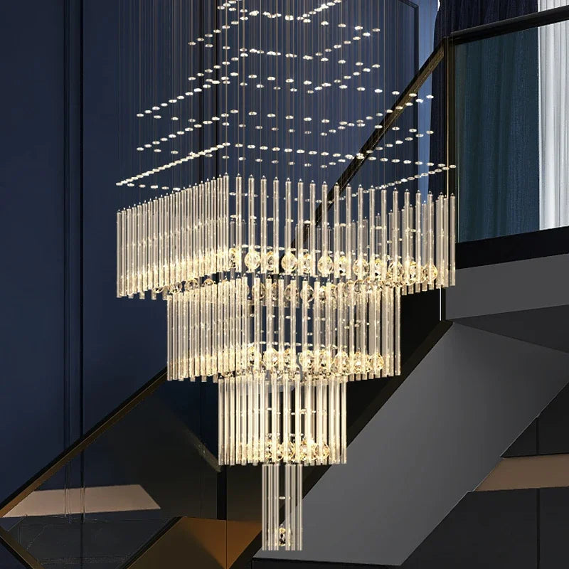 Axyaa Crystal Ceiling Chandelier: Modern Square Base Hanging Lamp for Living Room, Staircase, Loft