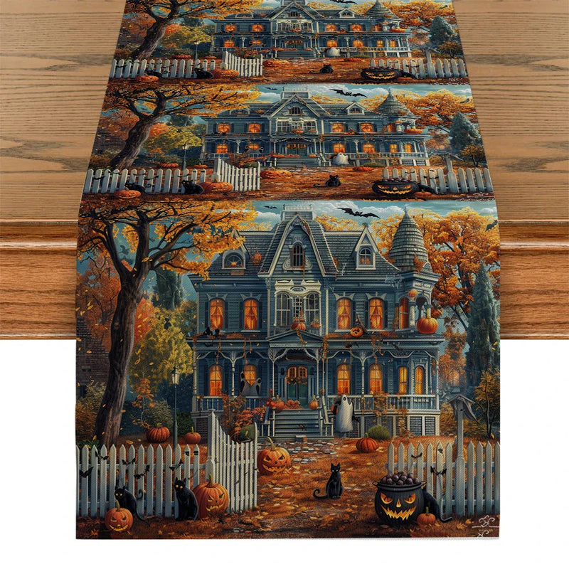 Axyaa Halloween Castle Cat Table Runner Kitchen Dining Decoration