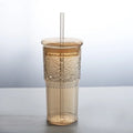 Axyaa Glass Cup with Lid & Straw, Transparent Stripe Mug for Milk Coffee Juice Tea