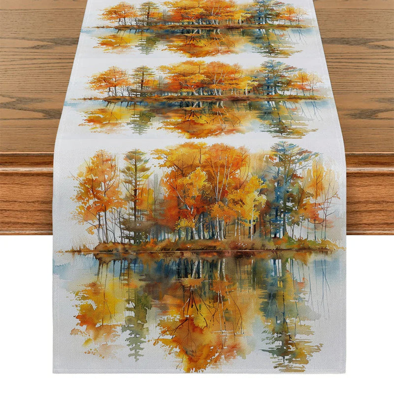 Axyaa Autumn Tree Lake Table Runner for Kitchen Dining Decor