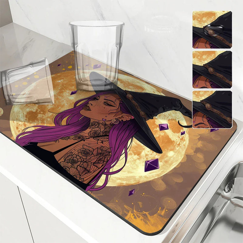 Axyaa Halloween Moon Themed Square Drain Pad - Anti-Slip & Absorbent.