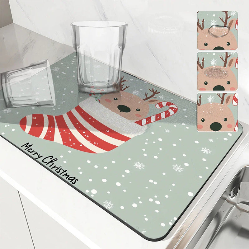 Christmas Deer Socks Berries Non-Slip Drying Mat by Axyaa Kitchen Counter Placemat